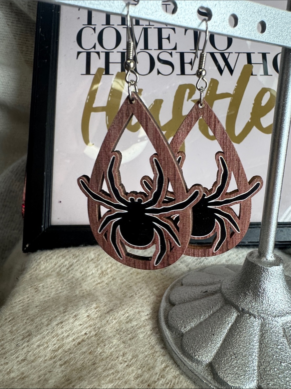 Wood Teardrop Spider Earrings - Brown & Black